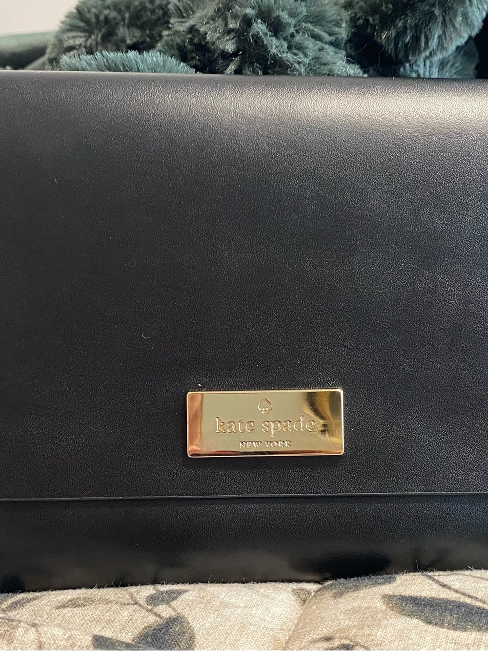 kate spade Black Leather Shoulder Bag with Gold Plaque